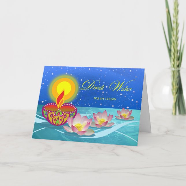 Carte Diwali souhaite à Cousin Diya Lamp et Lotus (Devant)