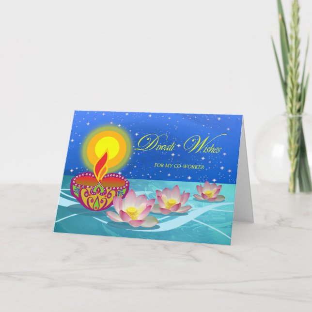 Carte Diwali Souhaite un collègue, Diya et Lotus (Devant)