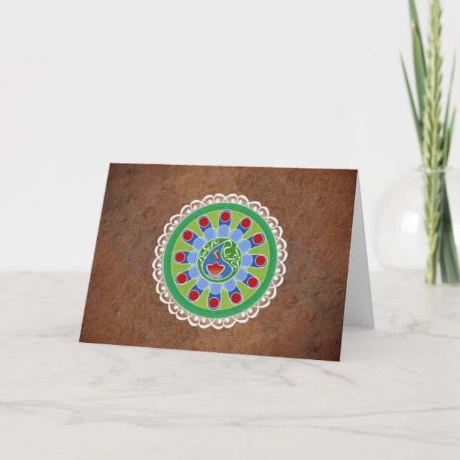 Carte Diwali veut, Rangoli design avec la Lampe à huile  (Devant)