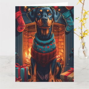 Carte Doberman avec des cadeaux de Noël devant une chemi