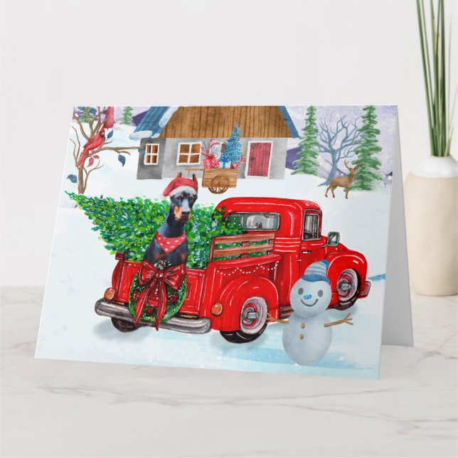 Carte Doberman Chien en Livraison Noël Camion Neige (Devant)
