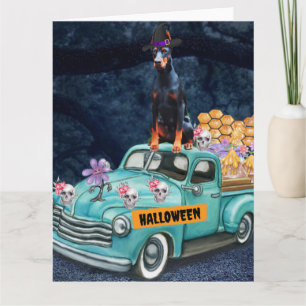 Carte Doberman Chien Halloween Camion Effrayant Nuit