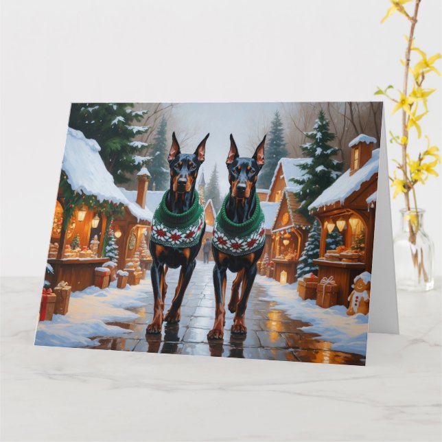 Carte Doberman Chiens Noël Fête de la neige (Fleur jaune)