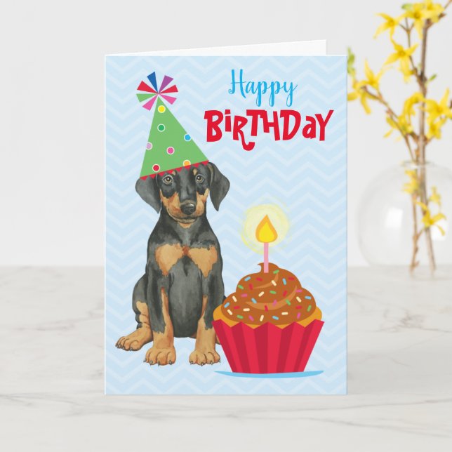 Carte Doberman Cupcake Anniversaire (Fleur jaune)