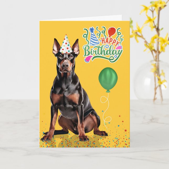 Carte Doberman Dog Party Hat Yellow Birthday (Fleur jaune)