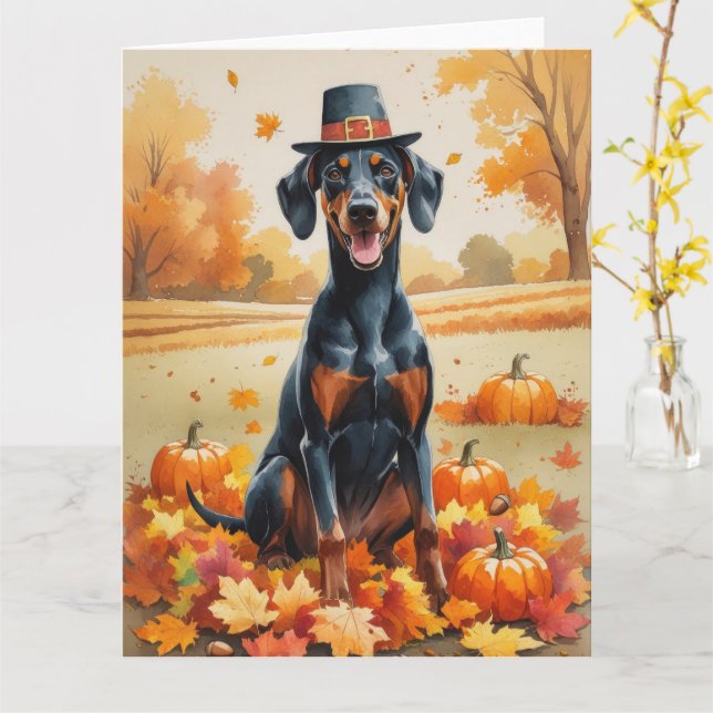 Carte Doberman En Automne Quitte L'Art Thanksgiving (Fleur jaune)