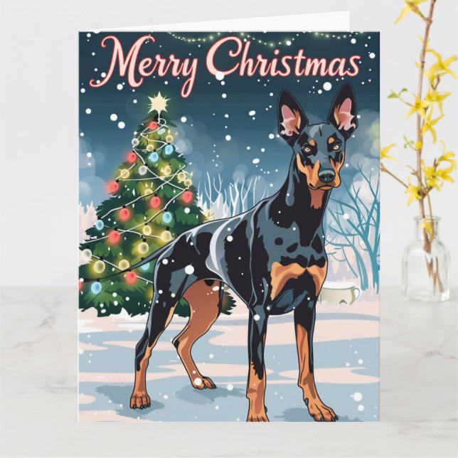 Carte Doberman Joyeux Noël Neige (Fleur jaune)