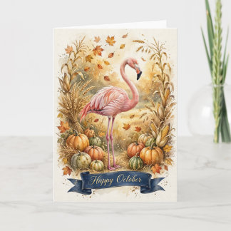 Carte d'octobre Flamant Rose -- Carte Joyeux Octob