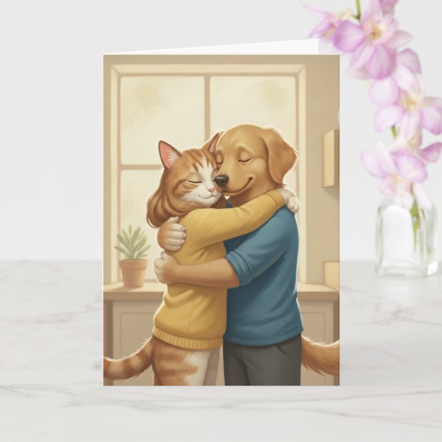 Carte Dog and Cat Hugging Romantic Greeting Card (Orchidée)
