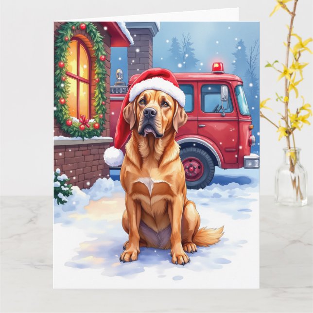 Carte Dogue de Bordeaux Firefighter Station Santa Hat (Fleur jaune)