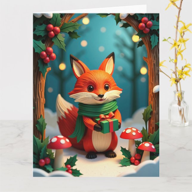 Carte Don d'Holding Fox Festive dans la forêt de neige (Fleur jaune)