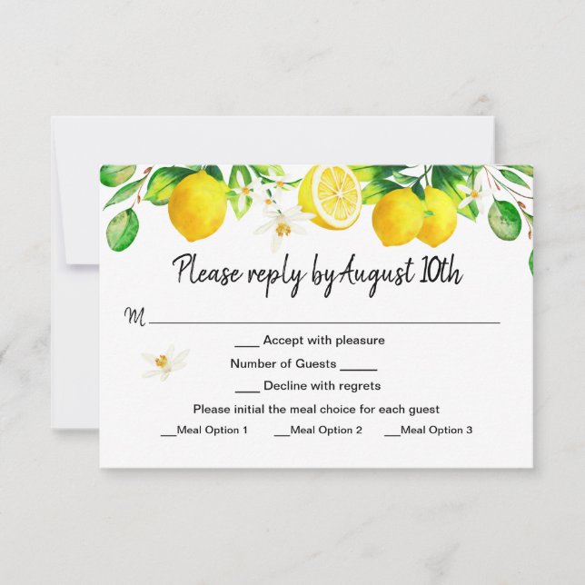 Carte d'options de repas pour le citron RSVP (Devant)
