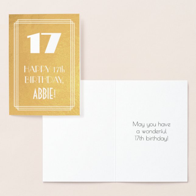 Carte Dorée 17ème anniversaire ~ Style Art Déco "17" & Nom per (Affichage)