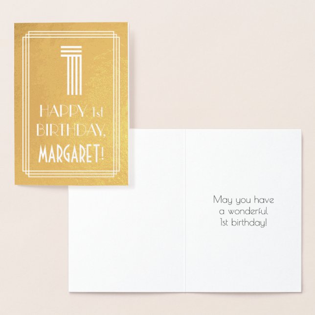 Carte Dorée 1er anniversaire - Art Déco Inspiré Look "1" + Nom (Affichage)