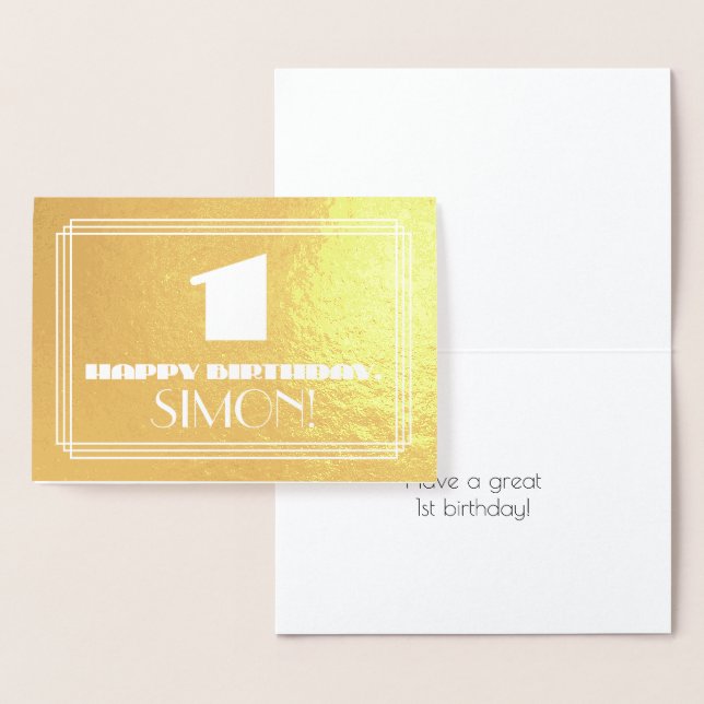 Carte Dorée 1er anniversaire : Nom + Art Déco Inspiré Look "1" (Affichage)