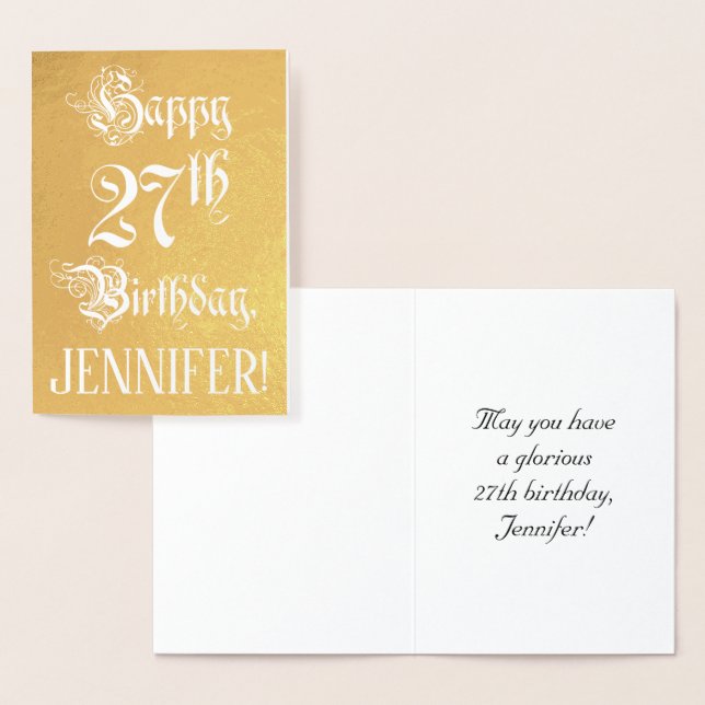 Carte Dorée 27e anniversaire : Élégant, Script Orné; Nom perso (Affichage)