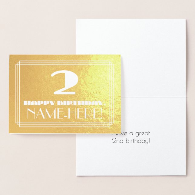 Carte Dorée 2e anniversaire : Nom + Art Déco Inspiré Look "2" (Affichage)