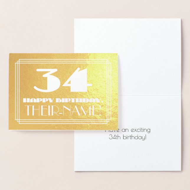 Carte Dorée 34e anniversaire : Nom + Art Déco Inspiré Look "34 (Affichage)