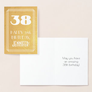 Carte Dorée 38e anniversaire ~ Style Art Déco "38" & Nom perso