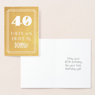 Carte Dorée 40e anniversaire ~ Style Art Déco "40" & Nom perso
