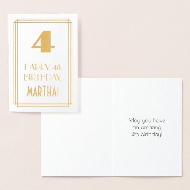 Carte Dorée 4e anniversaire : Art Déco Inspiré Look "4" & Nom (Affichage)