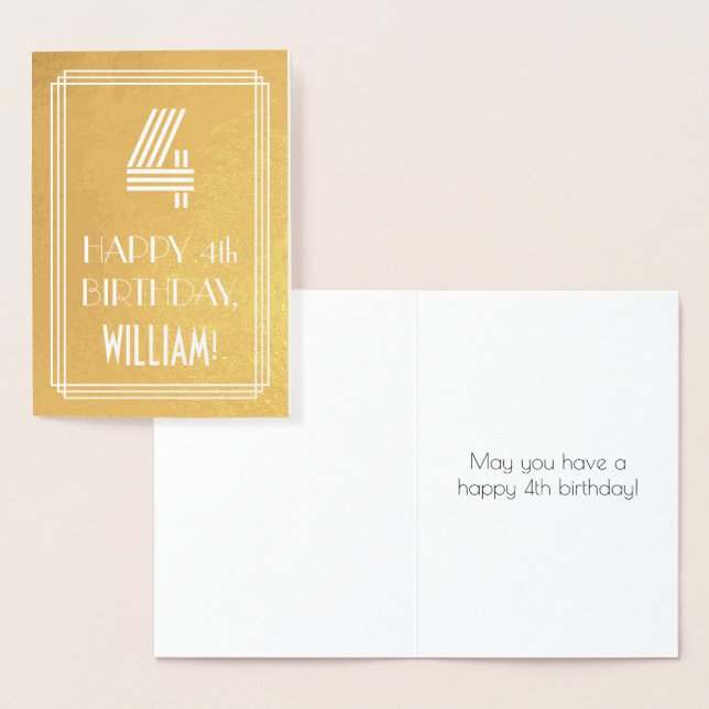 Carte Dorée 4e Anniversaire – Thème Art déco "4" + Nom (Affichage)