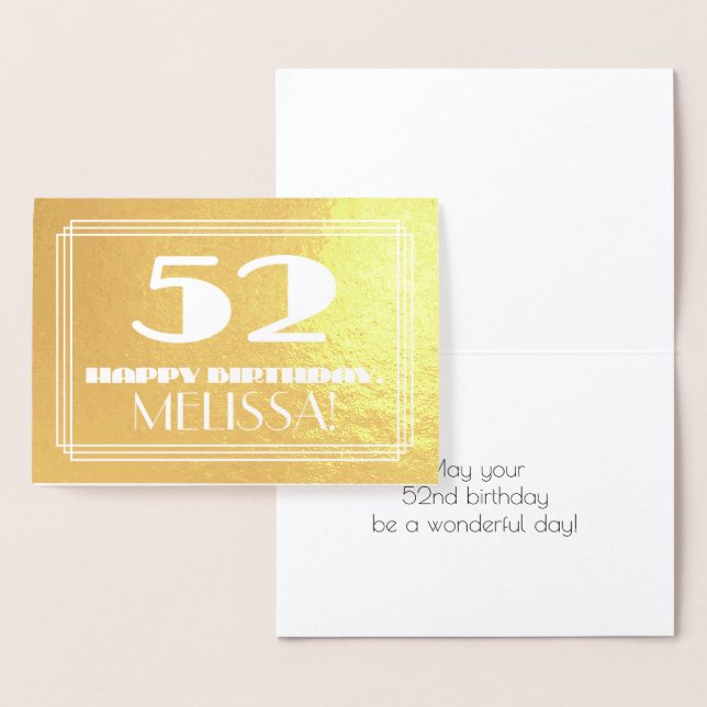 Carte Dorée 52e anniversaire : Nom + Art Déco Inspiré Look "52 (Affichage)