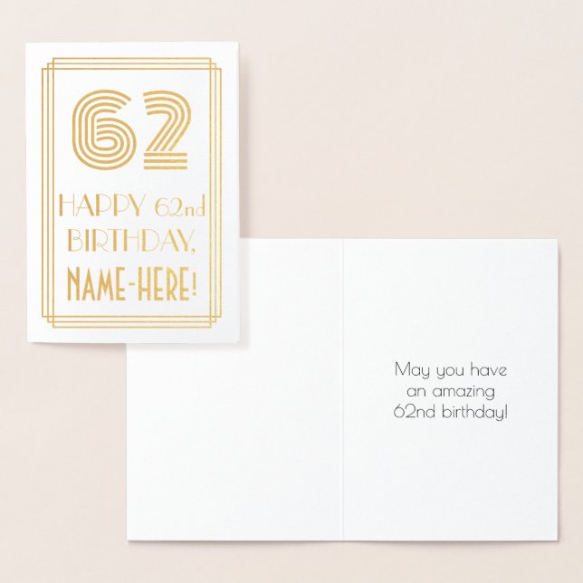 Carte Dorée 62e anniversaire - Art Déco Inspiré Look "62" & No (Affichage)