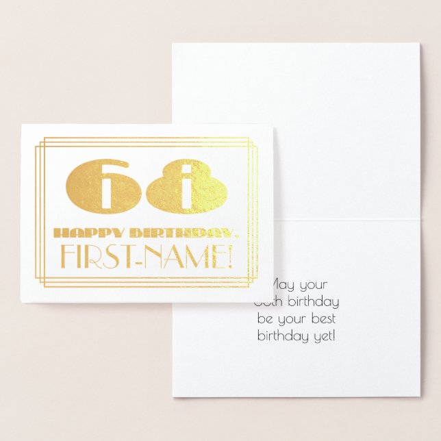 Carte Dorée 68e anniversaire ; nom + Art Déco Inspiré Look "68 (Affichage)
