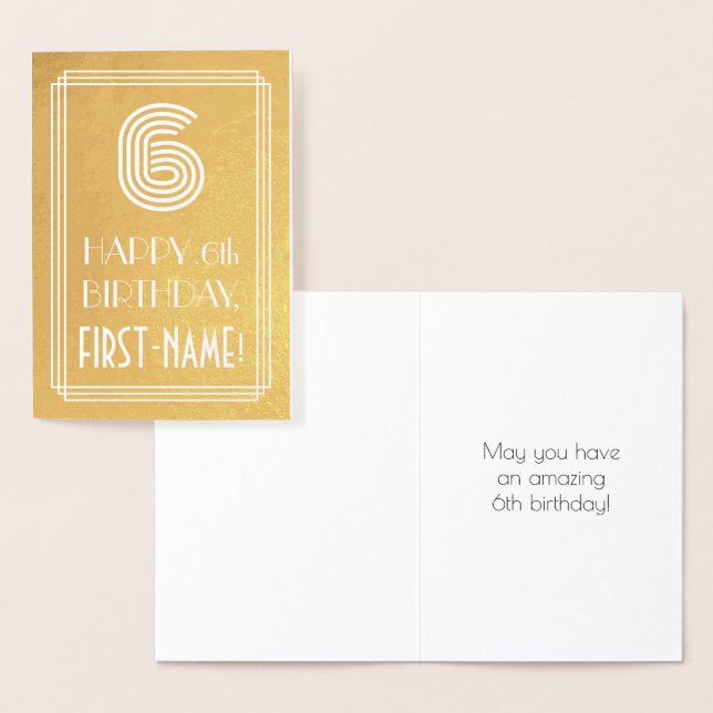 Carte Dorée 6e anniversaire - Art Déco Inspiré Look "6" + Nom (Affichage)