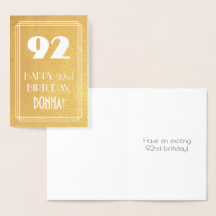 Carte Dorée 92e anniversaire ~ Style Art Déco "92" & Nom perso