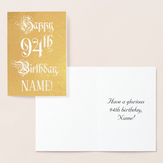 Carte Dorée 94e anniversaire : Élégant, Script Orné; Nom perso (Affichage)