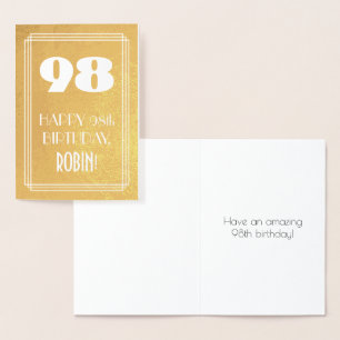 Carte Dorée 98e anniversaire ~ Style Art Déco "98" & Nom perso