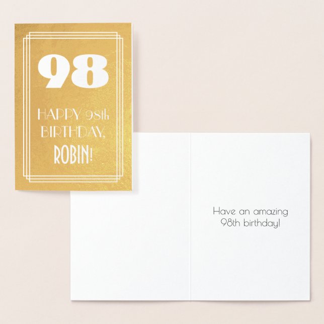 Carte Dorée 98e anniversaire ~ Style Art Déco "98" & Nom perso (Affichage)
