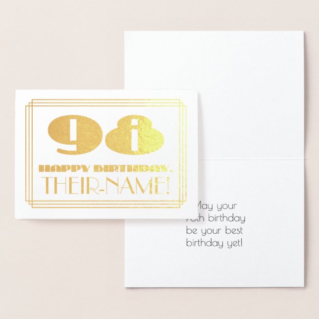 Carte Dorée 98ème anniversaire ; nom + Art Déco Inspiré Look " (Affichage)