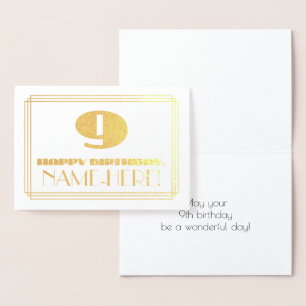 Carte Dorée 9e anniversaire ; nom + Art Déco Inspiré Look "9"