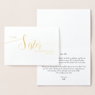 Carte Dorée À ma sœur le jour de mon mariage Écriture élégante