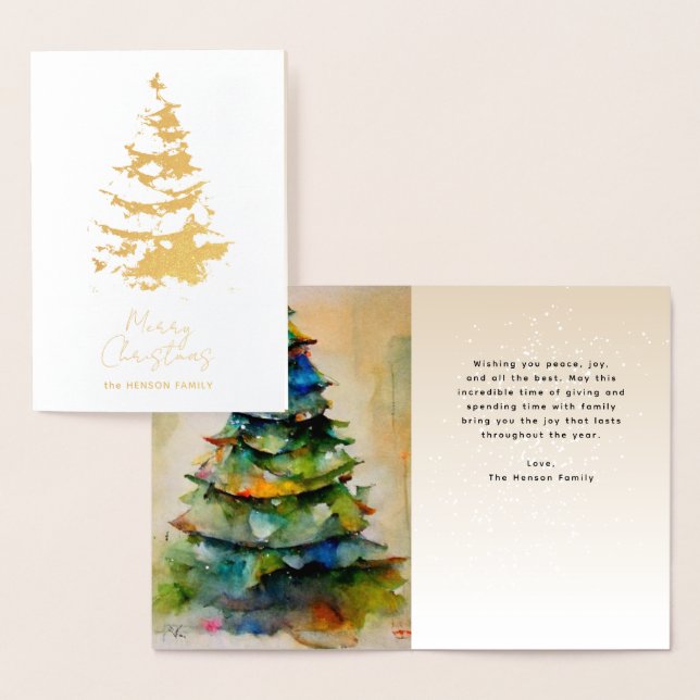 Carte Dorée Aquarelle Festive Arbre de Noël Or Artistique (Affichage)