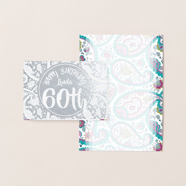 Carte Dorée Argent Damask Paisley 60e anniversaire C personnal (Affichage)