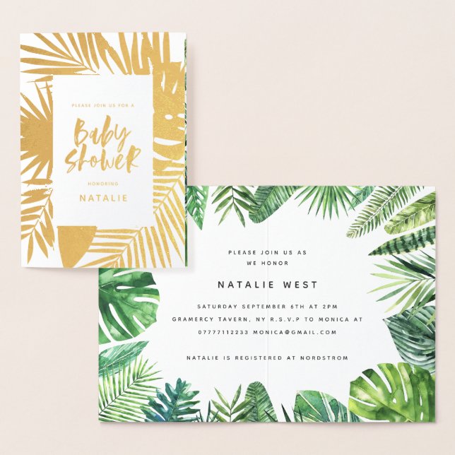 Carte Dorée Baby shower en feuille de palme d'aquarelle tropic (Affichage)