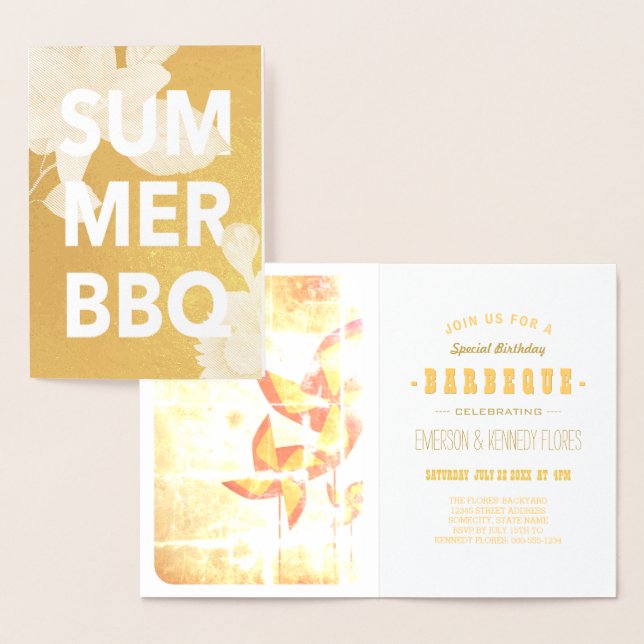 Carte Dorée BBQ d'été en florale feuille d'or (Affichage)