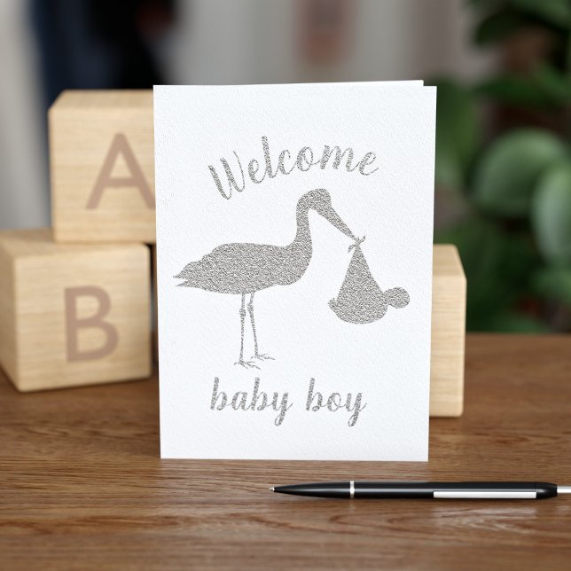 Carte Dorée Bienvenue Livraison de cigogne garçon bébé félicit (Créateur téléchargé)