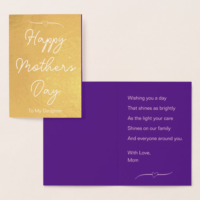 Carte Dorée Bonne fête des mères à ma fille violet et (Affichage)
