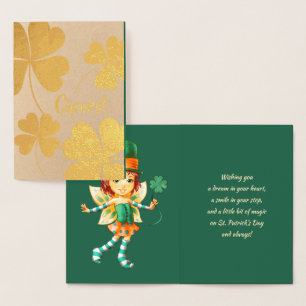 Carte Dorée Bonne Saint Patrick. Petite fille irlandaise fée