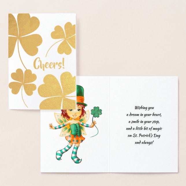 Carte Dorée Bonne Saint Patrick. Petite fille irlandaise fée (Affichage)