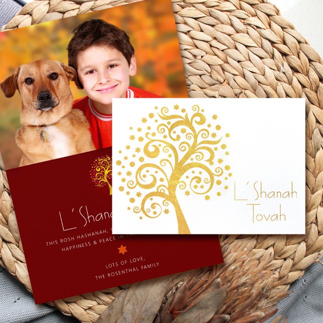 Carte Dorée Bourgogne Rosh Hashanah Tree Life Photo Real Gold (Créateur téléchargé)