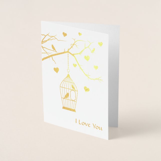 Carte Dorée Cage d'oiseaux et Coeurs Saint-Valentin (Devant)