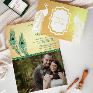 Carte Dorée Carton d'invitation de mariage à la plume de paon 