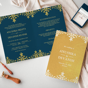 Carte Dorée Carton d'invitation de mariage en damas bleu or de