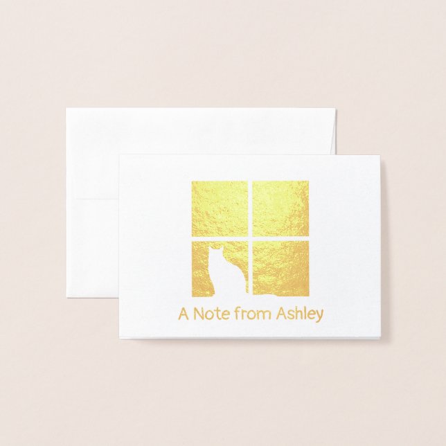Carte Dorée Chat dans la fenêtre Moderne Unique "A Note From"  (Devant avec enveloppe)